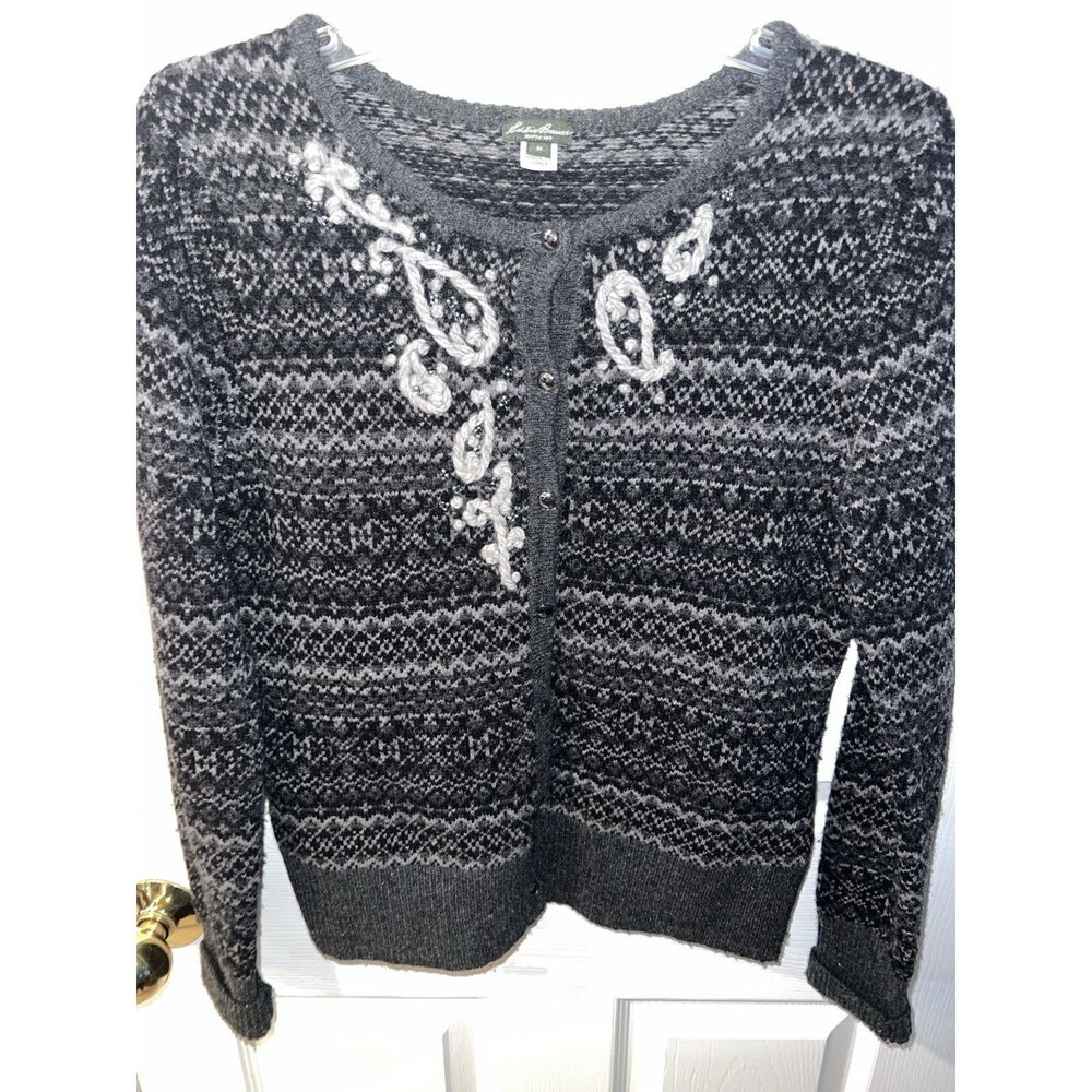 Eddie Bauer Sweater Womens M Cardigan Grey Nordic Embroidered Lambswool Button - Picture 9 of 10